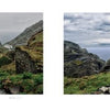 In Schiffer Publishing, Ltd.'s "The Ever-Changing Coastline," two pages feature striking coastlines—cliffs and rocky terrains under cloudy skies. Left: two vertical images; right: a wide beach shot with a stone wall.