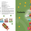 An illustrated book spread: the left page displays Schiffer Publishing, Ltd.'s info, a doll, and related books. The right page lists Paper’s contents—DIY paper projects and colorful crafts for kids—highlighted with yellow stars on green.