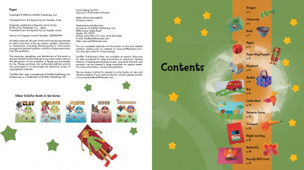 An illustrated book spread: the left page displays Schiffer Publishing, Ltd.'s info, a doll, and related books. The right page lists Paper’s contents—DIY paper projects and colorful crafts for kids—highlighted with yellow stars on green.