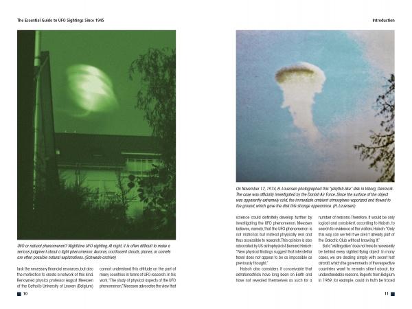 A spread from "The Essential Guide to UFO Sightings Since 1945" by Schiffer Publishing, Ltd. shows a green-tinted photo of a blurry Black Triangle UFO over a roof, and a white cloud shaped like a UFO with text on famous UFO sightings.
