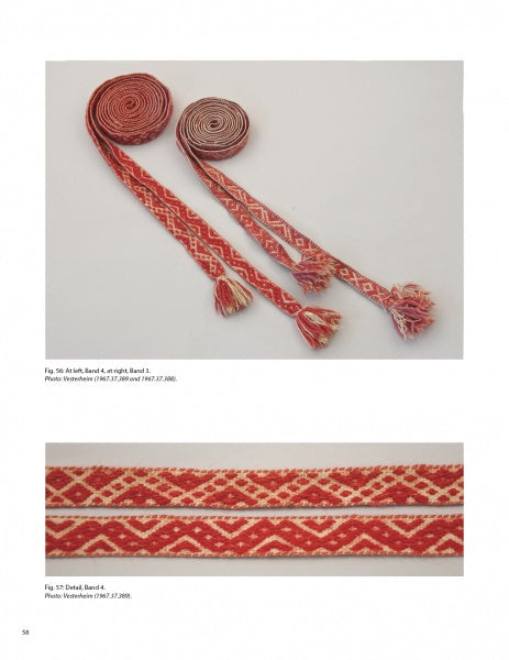Norwegian Pick-Up Bandweaving by Schiffer Publishing, Ltd. features two woven red and white bands with geometric motifs: the top shows them rolled with fringed ends, while the bottom highlights traditional band weaving patterns up close.