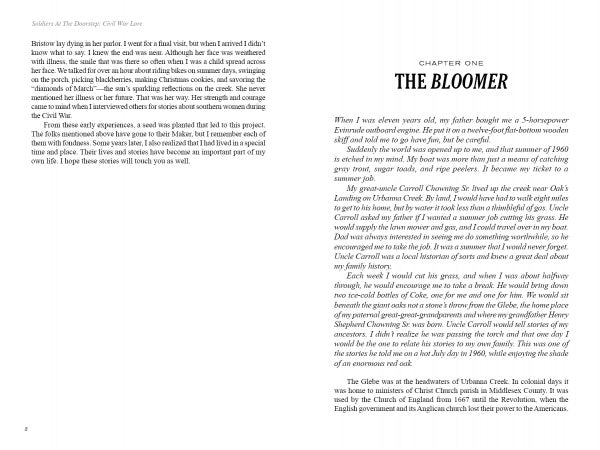 A book spread from Soldiers At The Doorstep by Schiffer Publishing, Ltd. shows the prologue’s end and start of Chapter One, "The Bloomer," with Larry S. Chowning recalling childhood memories and Virginia civilians’ family history.
