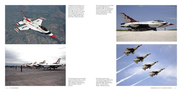 A two-page spread from Schiffer Publishing, Ltd.’s "The Thunderbirds" showcases four images of the US Air Force Thunderbirds—flying in formation, on the tarmac, a runway close-up—with text and captions highlighting their air show.