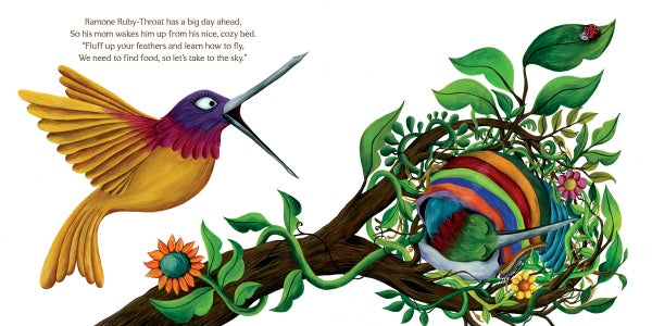 In SOAR by Schiffer Publishing, Ltd., a vibrant hummingbird hovers by a nest on a leafy branch while another with rainbow-striped feathers sits inside, surrounded by flowers and greenery. The illustrated picture book features text in the upper left corner.