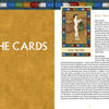 A book spread inspired by The Minoan Tarot from Schiffer Publishing, Ltd. features a gold left page titled THE CARDS and a right page showing a Tarot card labeled 0/22 THE FOOL with interpretive text below.