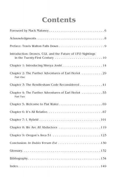 The table of contents for "Unidentifiable Flying Objects" by Schiffer Publishing, Ltd. lists the foreword, acknowledgments, introduction, and chapters on UFO research and flying saucers, with corresponding page numbers.