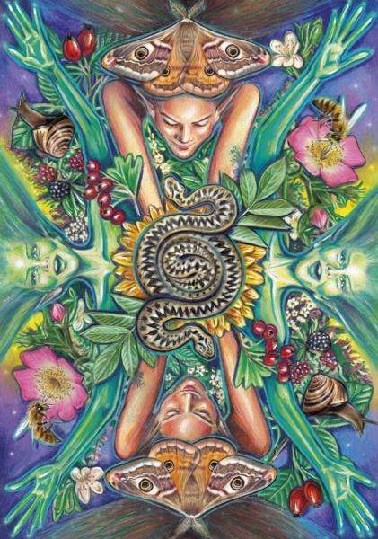 A vibrant, symmetrical card from The Everyday Enchantment Tarot by Schiffer Publishing, Ltd. displays mirrored green-skinned women amid plants, flowers, bees, snails, cherries, moths, and a coiled snake on a sunflower in a detailed nature motif.