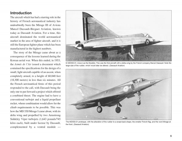 A black and white page from Schiffer Publishing, Ltd.'s "Marcel Dassault Mirage III" features photos of the Mirage III-001 in flight and the Mirage III-05 prototype on the ground, with technical details explained alongside.
