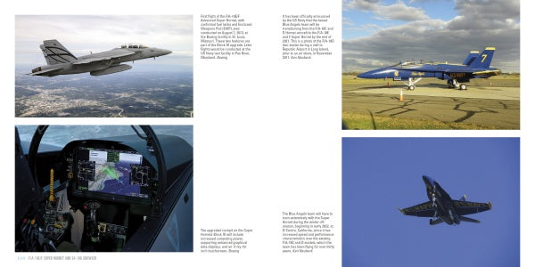 A two-page book spread from Schiffer Publishing, Ltd. highlights the F/A-18E/F Super Hornet and EA-18G Growler with in-flight, ground, and cockpit images plus detailed text about their features.