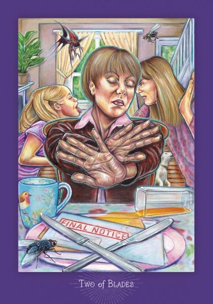 A stressed person sits at a table, eyes closed, as two girls argue behind—capturing the chaos and tension of a modern, inclusive reading with The Everyday Enchantment Tarot by Schiffer Publishing, Ltd.