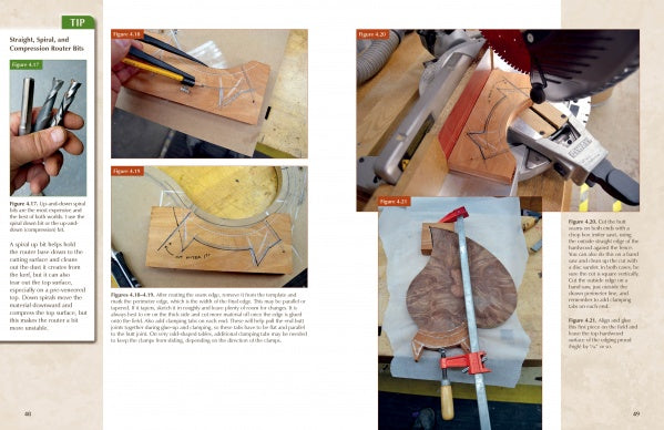 Schiffer Publishing, Ltd.'s "Hardwood Edging and Inlay for Curved Tables" is a woodworking guide covering tools, wood templates, and step-by-step edging with clamps, rulers, and miter saws, plus tips and captions for precise curved table work.