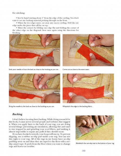The Hooked Rugs & Wool Applique page by Schiffer Publishing, Ltd. features step-by-step instructions and four close-up photos of hands stitching fabric—ideal for penny rugs or wool applique, with explanatory text and section headers for each image.