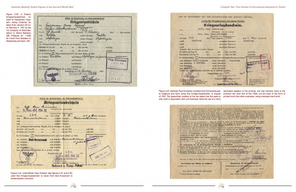 Schiffer Publishing, Ltd.’s “German Military Travel Papers of the Second World War” displays four authentic WWII travel documents with official stamps, handwritten notes, and typed German text, each shown on a white background with captions.