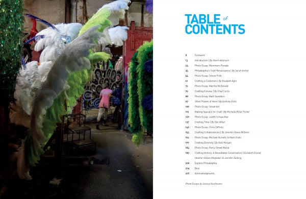 A person stands among colorful feathered costumes, reflecting Philadelphia’s vibrant craft scene. To the right, a white page from Schiffer Publishing’s *Craft Capital* displays a blue Table of Contents header and chapter listings with page numbers.