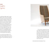 A two-page magazine spread from Schiffer Publishing, Ltd.’s *On the Edge of Your Seat* features “Formal Thoughts on Sitting Figures” beneath a bold red W, paired with a classic high-back wooden Philadelphia chair with striped upholstery.