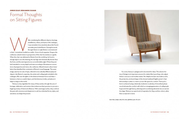 A two-page magazine spread from Schiffer Publishing, Ltd.’s *On the Edge of Your Seat* features “Formal Thoughts on Sitting Figures” beneath a bold red W, paired with a classic high-back wooden Philadelphia chair with striped upholstery.