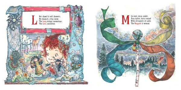 Two illustrated pages from Schiffer Publishing, Ltd.'s Wee Witches: Left, Pagan children explore a magical, snowy world with floating objects and a big “L.” Right, a ribbon-wrapped wand floats over a forest below a festive red “M”—perfect for young witches.
