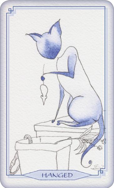 A blue watercolor cat in classic tarot style sits on a box, holding a mouse by its tail, with the word HANGED below. Inspired by Beth Seilonen, from the Bleu Cat Tarot by Schiffer Publishing, Ltd.