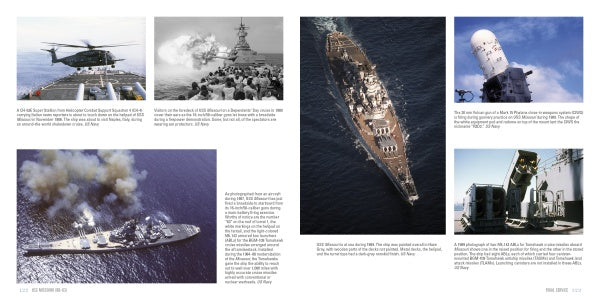 A two-page magazine spread from Schiffer Publishing, Ltd. showcases the USS Missouri (BB-63) and other naval vessels, helicopters, and missile defense systems with images, captions, and text highlighting modern naval operations.