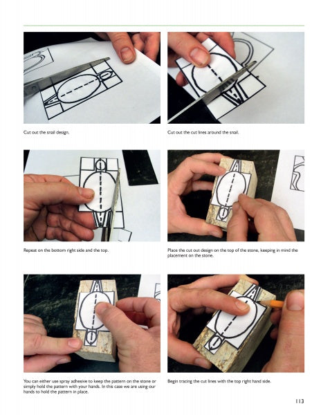 The "Introduction to Soapstone Sculpting" by Schiffer Publishing, Ltd. features a six-step photo tutorial on cutting a paper pattern, placing it on a rectangular stone, and tracing the outline—the essential first step in soapstone carving.