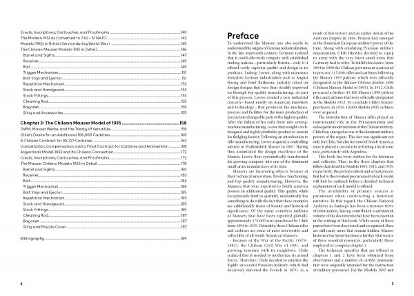 A spread from "History of the Mauser Rifle in Chile" by Schiffer Publishing, Ltd. shows the table of contents for Mauser rifles and models on the left, and a dense Preface section on the right.