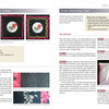 A book spread from "Quilting with Doilies" by Schiffer Publishing, Ltd. features painted appliqué with rose block photos on the left page, and step-by-step double-tabbed edge finishing instructions with supplies on the right.