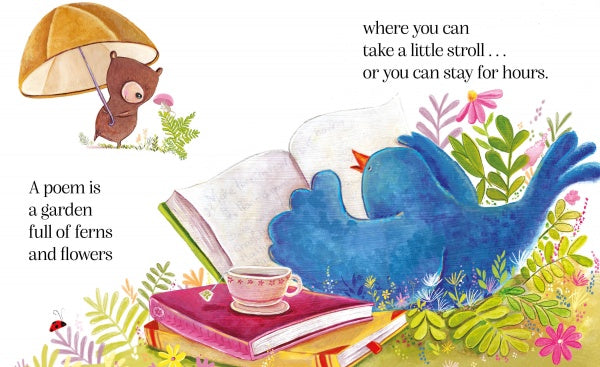 A bear with a mushroom umbrella strolls on grass while a big blue bird reads by a teacup amid flowers. Text: A Poem Is a Firefly—Schiffer Publishing, Ltd.—a celebration of children's poetry and magical hours.