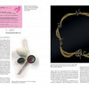 Two pages from "Chinese Contemporary Jewelry Design" by Schiffer Publishing, Ltd. show columned text, a pink flyer, small jewelry photos, and a large ornate gold necklace image on a white background.