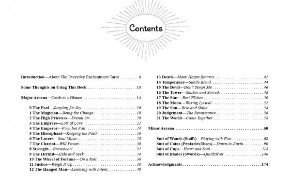 Table of contents for The Everyday Enchantment Tarot guidebook by Schiffer Publishing, Ltd., listing Introduction, Major Arcana, Minor Arcana suits, and Acknowledgments for the 78-card deck, with page numbers in two columns.