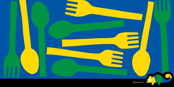 Yellow and green spoons and forks are scattered on a blue background as a cartoon lizard hides with the words “Where am I?”—making Schiffer Publishing, Ltd.'s "The Chameleon" a fun seek-and-find challenge that tests your observation skills.