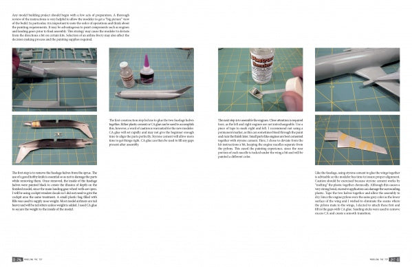 A step-by-step photo tutorial from Schiffer Publishing, Ltd. shows hands assembling and gluing the fuselage and wings of a Boeing 737 model on a green cutting mat—an ideal guide for airliner model enthusiasts.