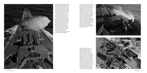 A book spread from Schiffer Publishing, Ltd.'s "USS Wisconsin (BB-64)" displays black-and-white photos of the battleship at sea, with text columns between and beside images, creating a museum exhibit feel.