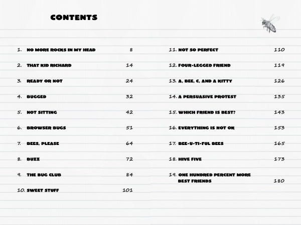 Table of contents page for "Something Is Bugging Samantha Hansen" by Schiffer Publishing, Ltd. Features 20 chapter titles with page numbers, a small bee illustration in the upper right, white background, and simple black font. Hints at a honey bee theme.