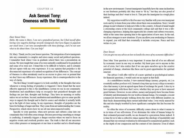 A two-page spread from The Three Principles of Oneness by Schiffer Publishing, Ltd. The left page answers a reader’s question about being an immigrant using science-based spirituality; the right page continues the advice and ends with a new question.