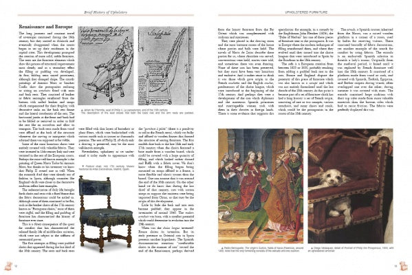 Two pages from "Upholstery" by Schiffer Publishing, Ltd. cover Renaissance and Baroque furniture, featuring text, vintage chair illustrations with traditional and blue upholstery, plus paintings of a dog in a wooden box and people in period attire.