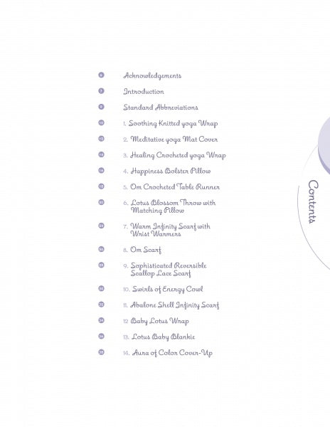 The table of contents for Basic Knitting and Crocheting for Today’s Woman by Schiffer Publishing, Ltd. features 14 numbered sections in purple font, including acknowledgments, introduction, and easy patterns for wraps, pillows, scarves, and blankets.