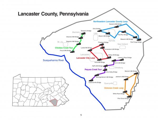 Schiffer Publishing, Ltd.'s "Bridges of Lancaster County" features a map with five color-coded scenic bike tours, including covered bridge loops, plus an inset showing Lancaster County’s location in PA for easy planning.
