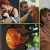 A collage for "When Makers Meet" by Schiffer Publishing, Ltd. shows hands shaping wire, torching glass, assembling materials, and artists smiling with a vibrant finished piece featuring radiating wire elements.