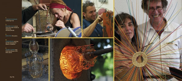A collage for "When Makers Meet" by Schiffer Publishing, Ltd. shows hands shaping wire, torching glass, assembling materials, and artists smiling with a vibrant finished piece featuring radiating wire elements.