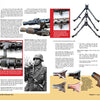 A magazine spread from "The German MG 34 and MG 42 Machine Guns" by Schiffer Publishing, Ltd. features close-ups of gun parts with explanatory text, centered around a black-and-white photo of a soldier holding a German machine gun.