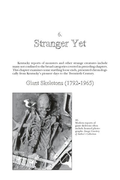 A page in Strange Kentucky Monsters by Schiffer Publishing, Ltd. explores Kentucky cryptid reports, showing a black-and-white photo labeled Giant Skeletons (1792–1965) with a caption on photographic evidence.