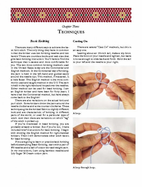 Page titled Techniques features basic knitting instructions with photos showing how to make a slip knot and cast on—essential for vintage or bead-knit purse projects from Knitting Beaded Purses by Schiffer Publishing, Ltd. Includes text and patterned border.