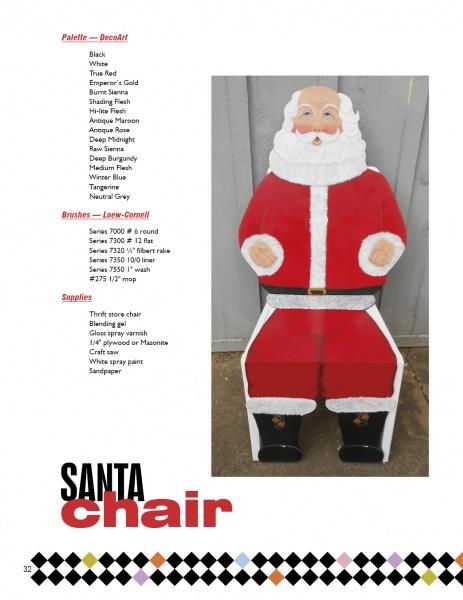 A large chair painted as Santa Claus sits outside a gray wall. Next to it is a supply list and bold text, "Decorating Chairs: 7 Painting Projects" by Schiffer Publishing, Ltd.—inspiring your next festive DIY chair makeover.