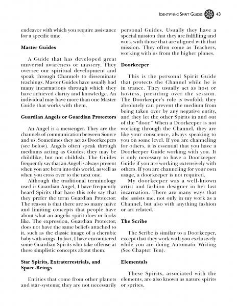 A page from "Contact Your Spirit Guides" by Schiffer Publishing, Ltd. explores Master Guides, Guardian Angels, Doorkeepers, Scribes, Star Spirits, Extraterrestrials, and Elementals in organized sections.