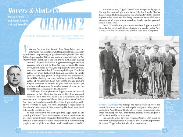 A magazine spread featuring text about Juan Trippe and Pan Am, a portrait of Trippe, and a vintage propeller plane photo illustrates the golden age of aviation, as explored in "Hunting the Wind" by Schiffer Publishing, Ltd.