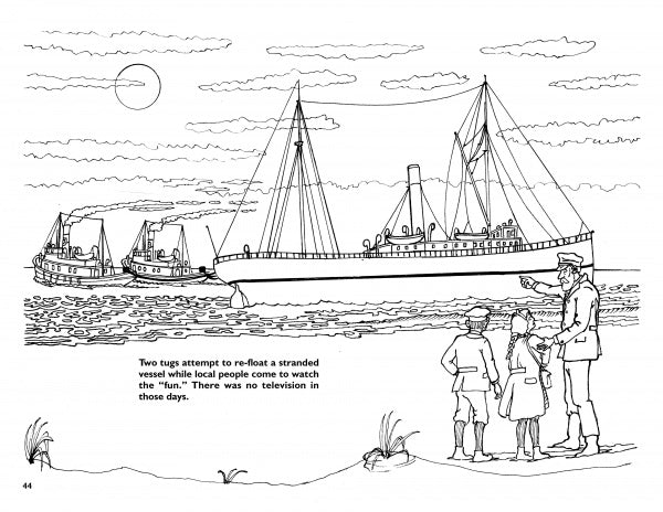 A black-and-white illustration from the U.S. Life Saving Coloring Book by Schiffer Publishing, Ltd. shows two tugboats trying to refloat a stranded ship as four people watch from the shore, imagining a rescue; text appears below the scene.