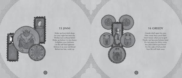 Two illustrated pages from "Falnama" by Schiffer Publishing, Ltd.: Page 15, “Jinni,” shows grayscale fantasy art of a genie and lamp; Page 16, “Greedy,” features clockwork faces and a poem about greed and loss. Inspired by Islamic manuscripts.