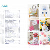 On the left, the table of contents for Schiffer Publishing’s "Fables & Fairy Tales to Cross Stitch" lists sections and pages; on the right, colorful photos display handmade items like fairy tale cross stitch cushions and Véronique Enginger–inspired quilts.