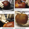 Four step-by-step images from "Gourd Art Basics" by Schiffer Publishing, Ltd. show gloved hands cleaning a brown gourd’s stem area with water, a toothbrush, and scrubber to remove debris—perfect preparation for crafts or gourd book projects.