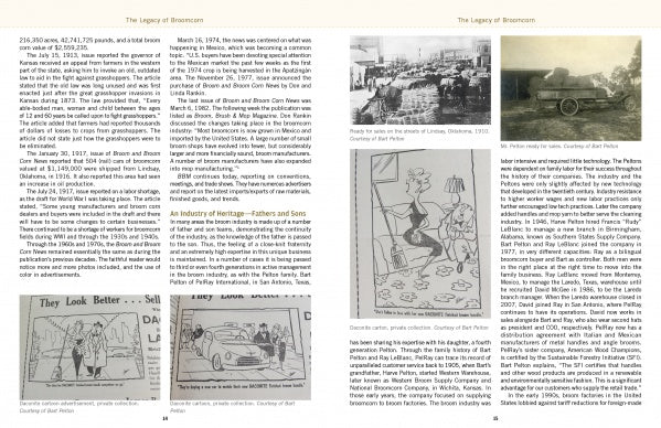 A two-page spread from “Swept Away” by Schiffer Publishing, Ltd. features several text blocks and six black-and-white images—cartoons, a classroom, a car with people, and historic photos—exploring Broncoinn’s legacy and broomcorn history.